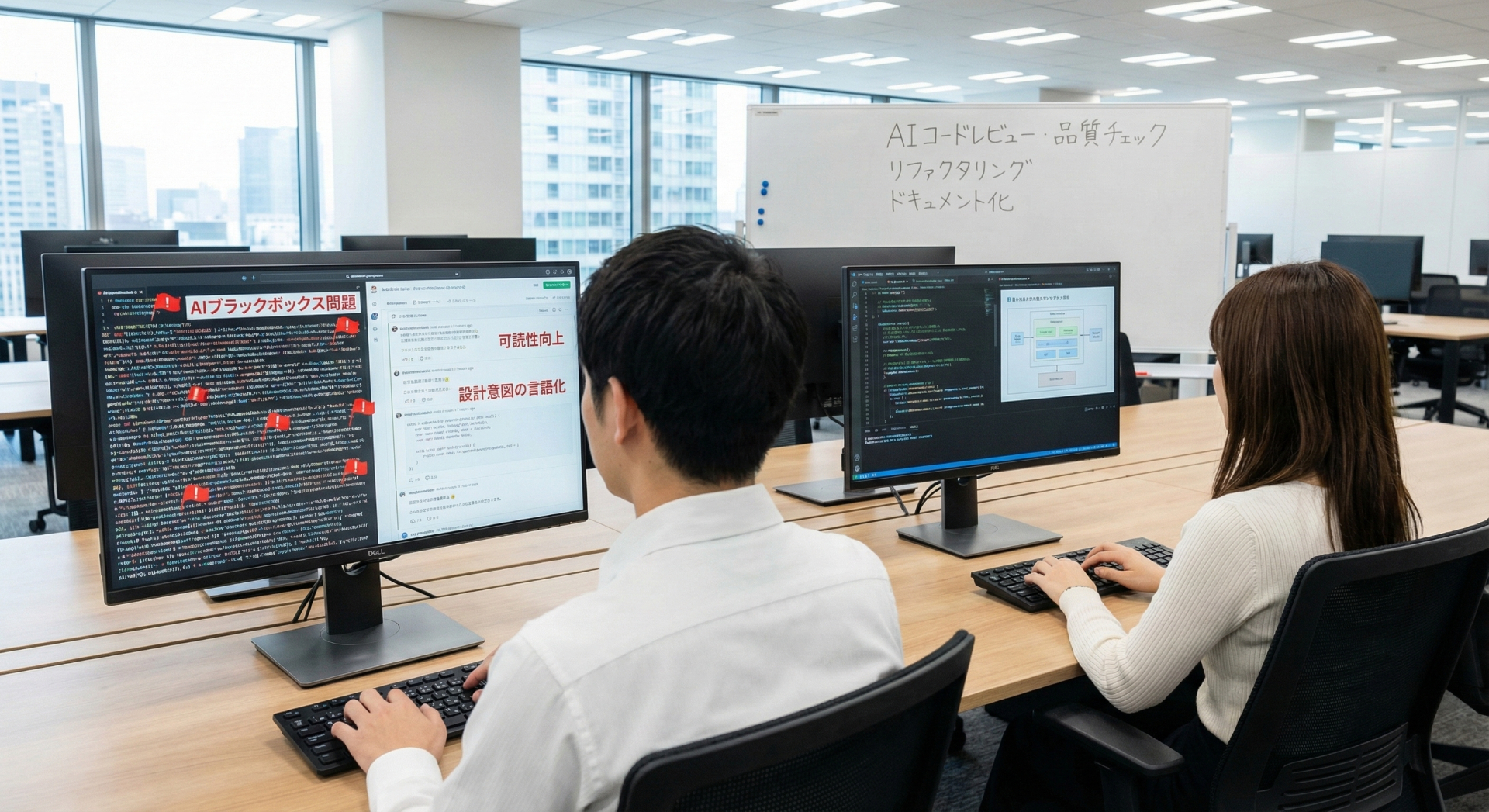 クレジアのAI駆動開発で、AIエージェントのコードレビューによって品質を管理するイメージ